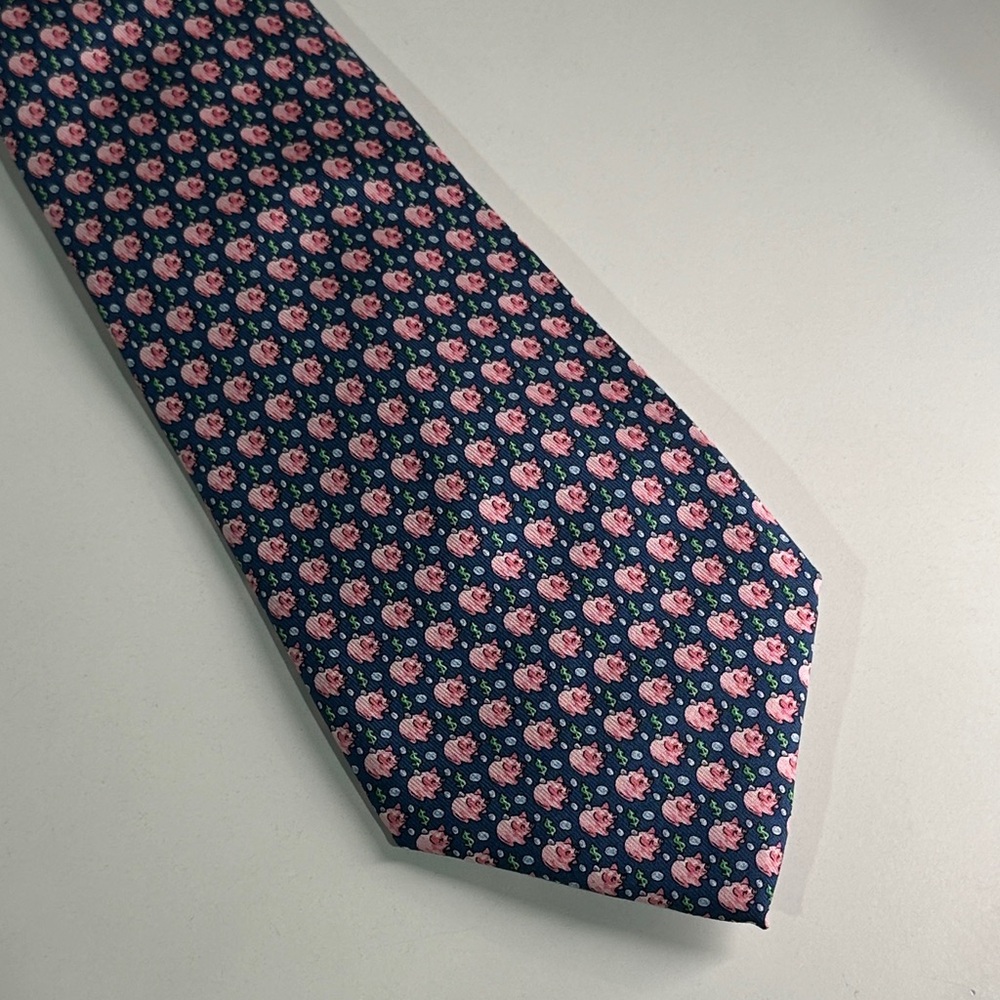 Navy Floral Tie with Pink Pig Motif - Men's Dress Tie